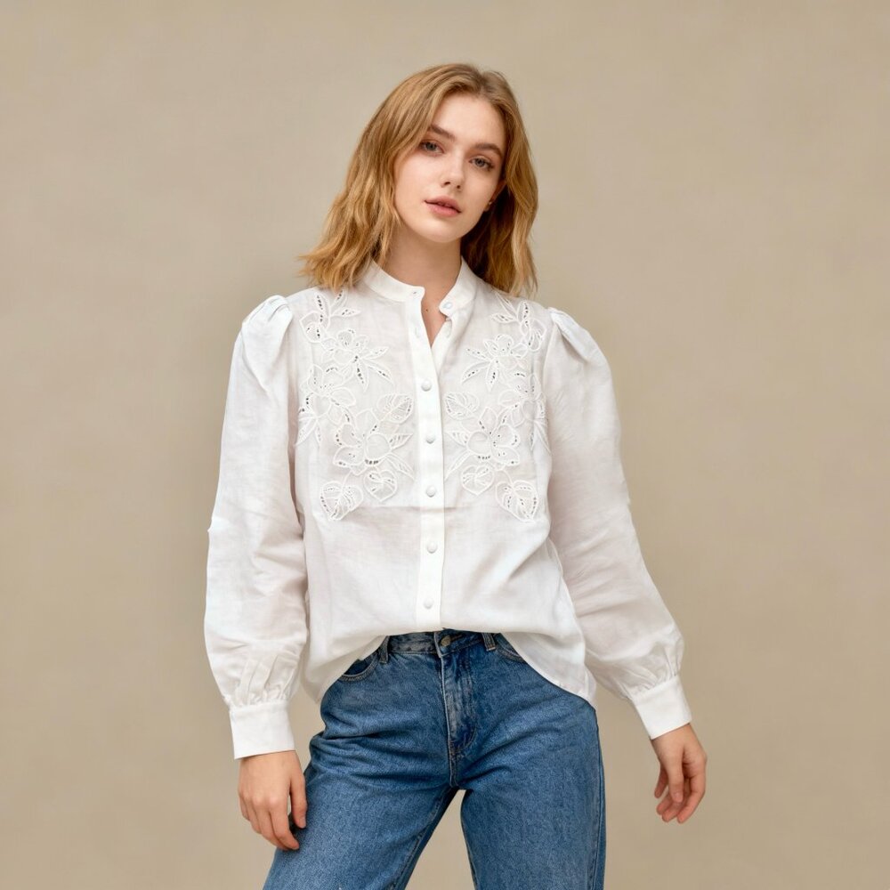 NWOT Marciano Guess Embroidered Linen Blend Shirt Puff Sleeve Cream XXS like S-M